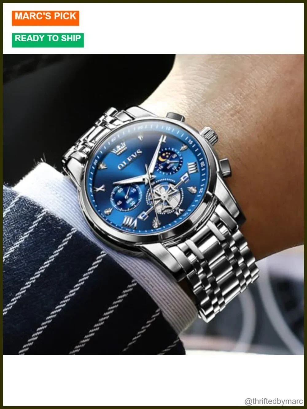 Stainless Steel Chronograph Watch with Roman Numerals, Luminous, Water